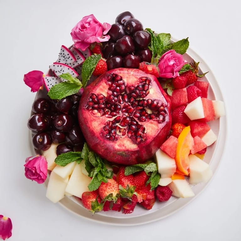 A stunning photo of the Pomegranate Pivot, showcasing a delicious fruit spread perfect for entertaining.