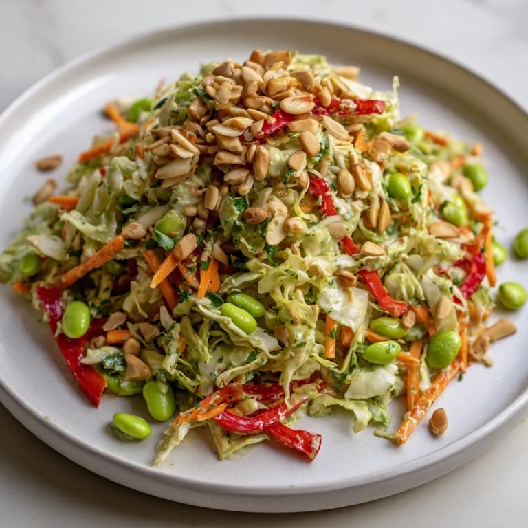 Enjoy a close-up image of the delicious Crunchy Cabbage and Edamame Salad ingredients, ready-to-toss.