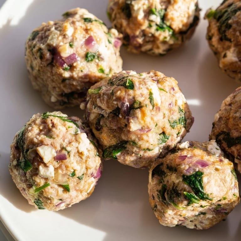 A platter of freshly baked Spinach Feta Turkey Meatballs, seasoned with herbs and feta crumbles.