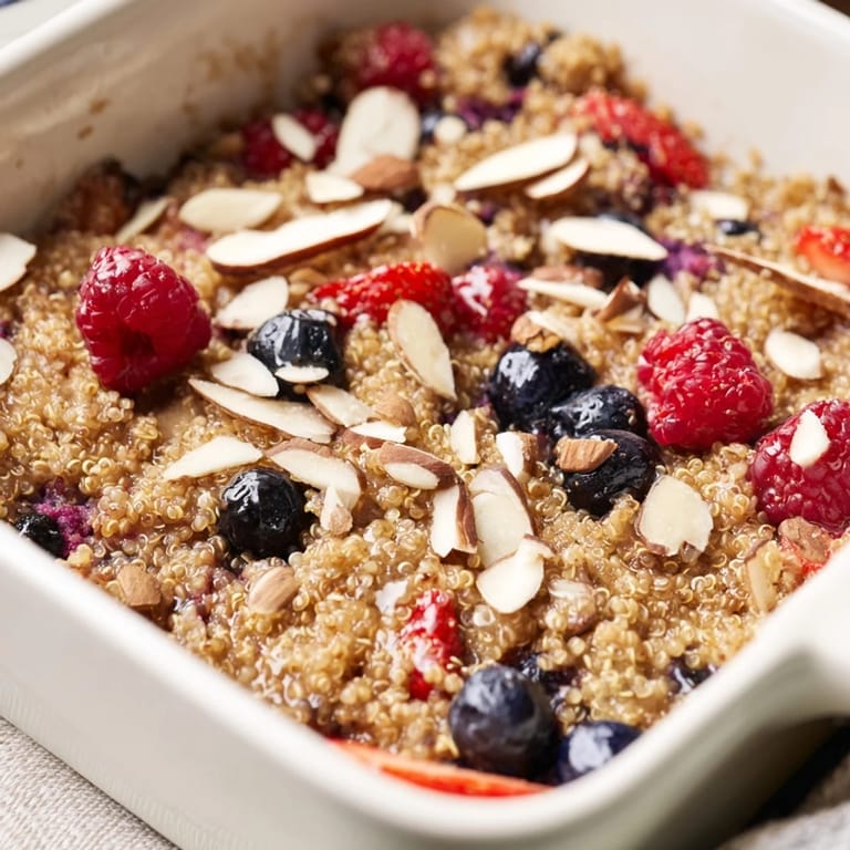 Golden-brown Berry Quinoa Breakfast Bake, a comforting baked breakfast filled with juicy berries and fluffy quinoa.