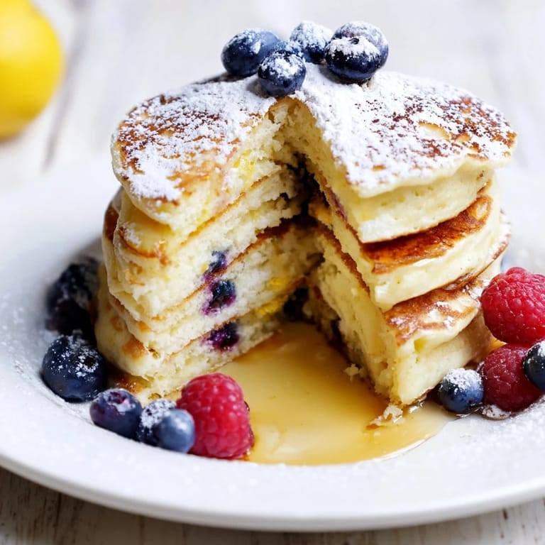 A stack of light and airy Lemon Ricotta Pancakes, bursting with fresh lemon zest and sweetness.