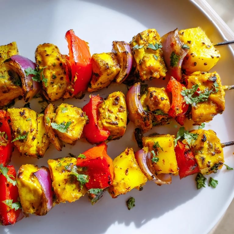 Vibrant skewers of Mango Lime Chicken, bursting with summer flavors, grilled and garnished with cilantro.