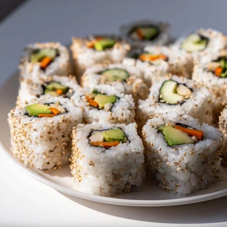 Close-up of vibrant avocado cucumber sushi, showing the fluffy rice and crisp veggies inside.