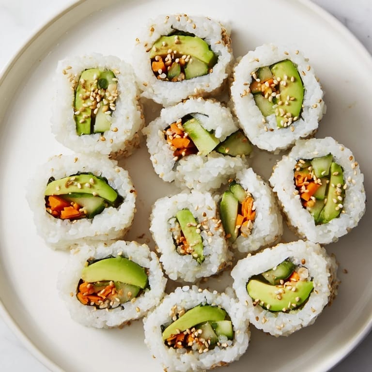 Mouthwatering avocado cucumber sushi served with soy sauce, ginger, and wasabi for a tasty meal.