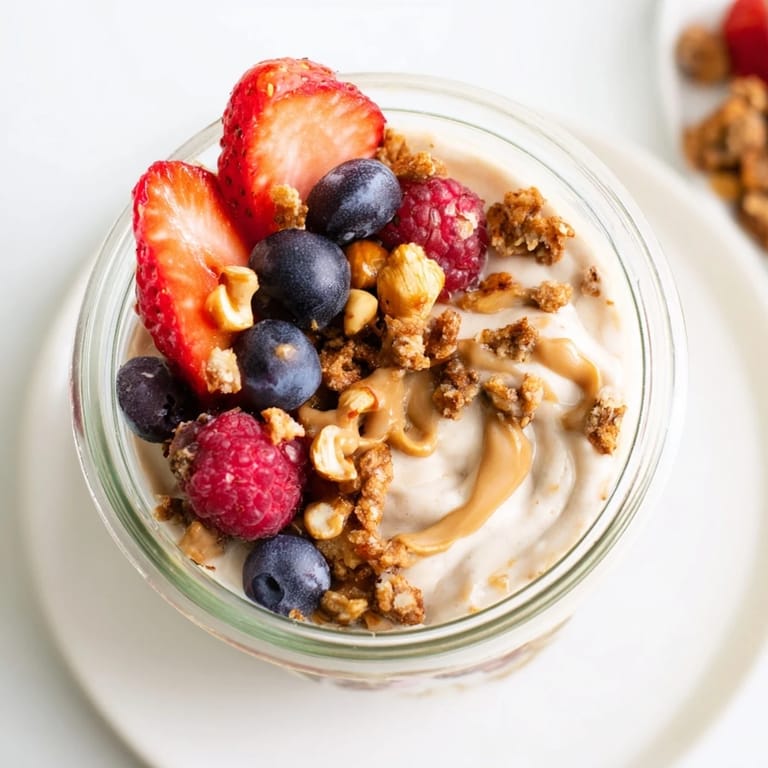 Fresh berries and crunchy granola crown this delicious cashew butter yogurt parfait, a winning start.