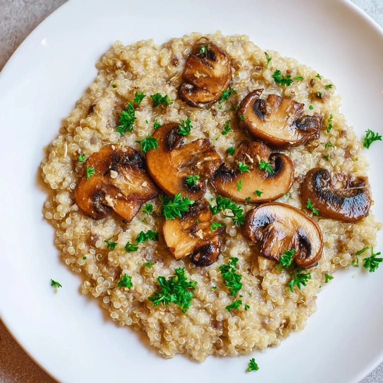 Close-up of golden Mushroom Quinoa Risotto, showcasing the texture and earthy mushroom flavor.