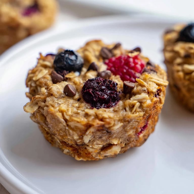Golden Baked Oatmeal Cups, studded with berries, fresh from the oven, offering a delightful aroma.
