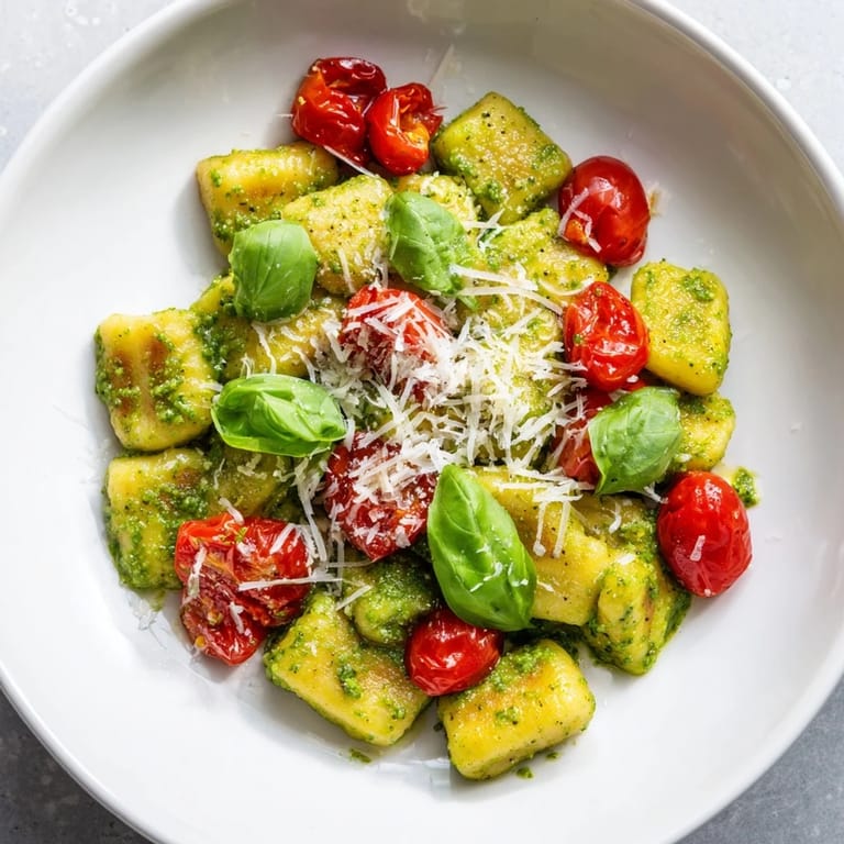 Pan-fried, golden Crispy Gnocchi with vibrant green pesto, a quick and easy vegetarian dinner option.