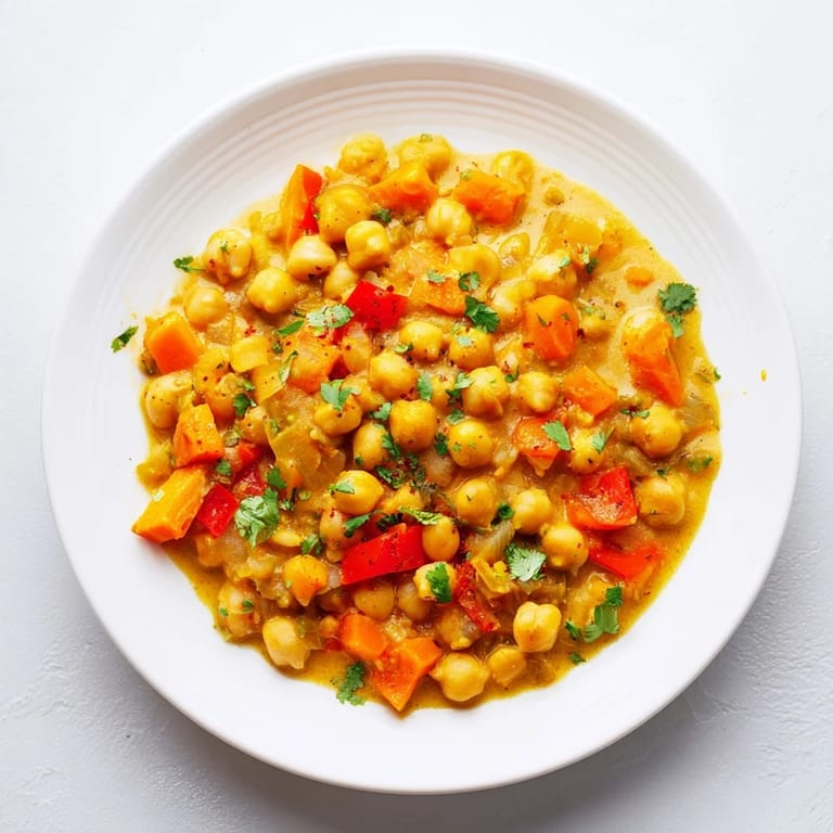 Steaming-hot Chickpea Curry with tender vegetables, rich coconut milk, and a sprinkle of fresh herbs.