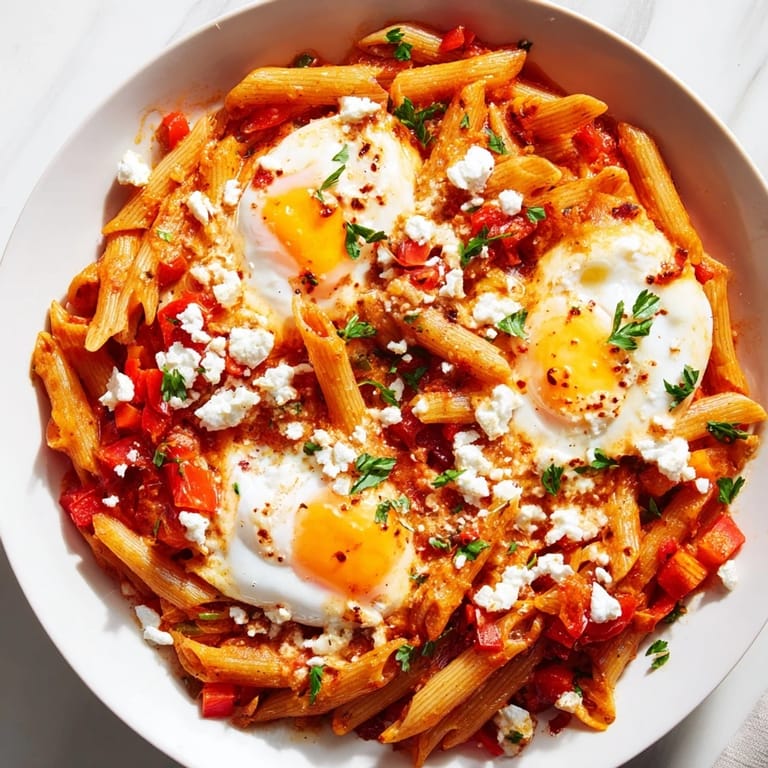 A close-up shot of Quick Shakshuka Pasta reveals perfectly cooked eggs nestled in a vibrant tomato sauce.