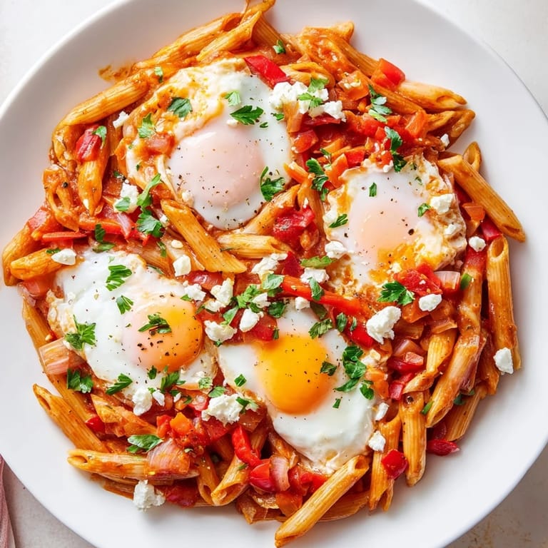 Bright red Quick Shakshuka Pasta with penne, bell peppers, and fresh parsley, a vegetarian delight.