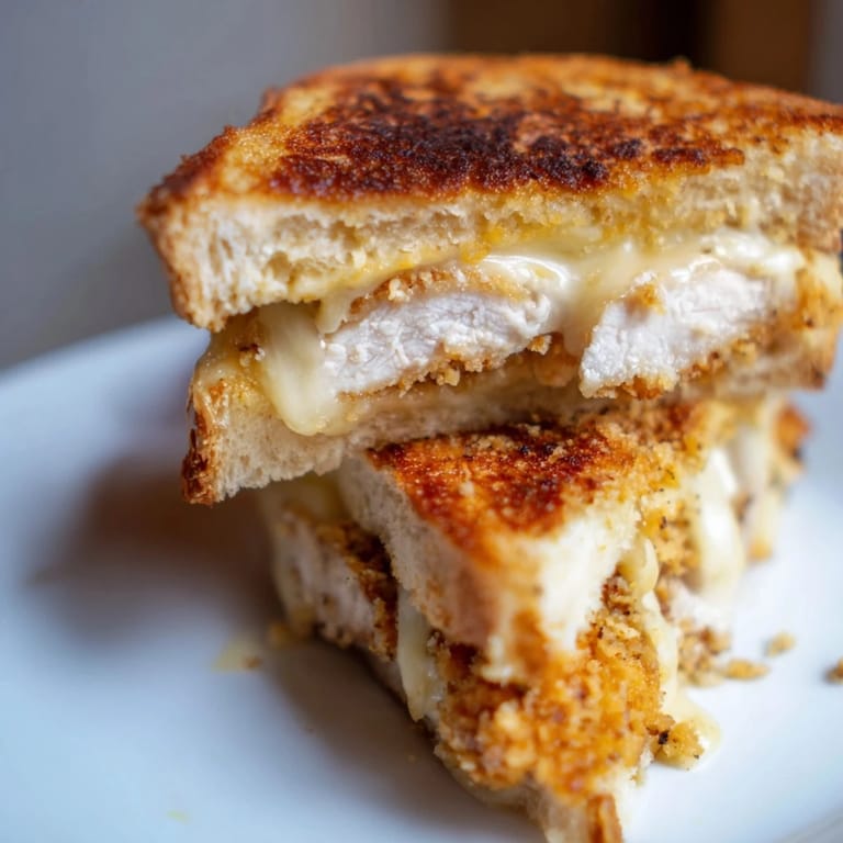Melted cheese and juicy Parmesan Chicken Thighs Grilled Cheese sandwiches alongside possible fresh green salad.