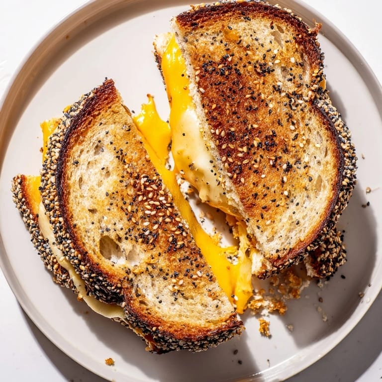 A close-up of a flavorful Everything Bagel Grilled Cheese, ready to be sliced and devoured.