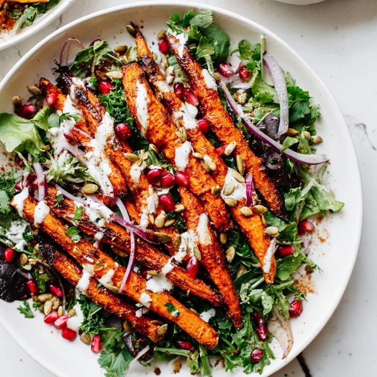 Delectable roasted carrot salad, drizzled with tahini-lemon, inviting you to enjoy a perfect meal.