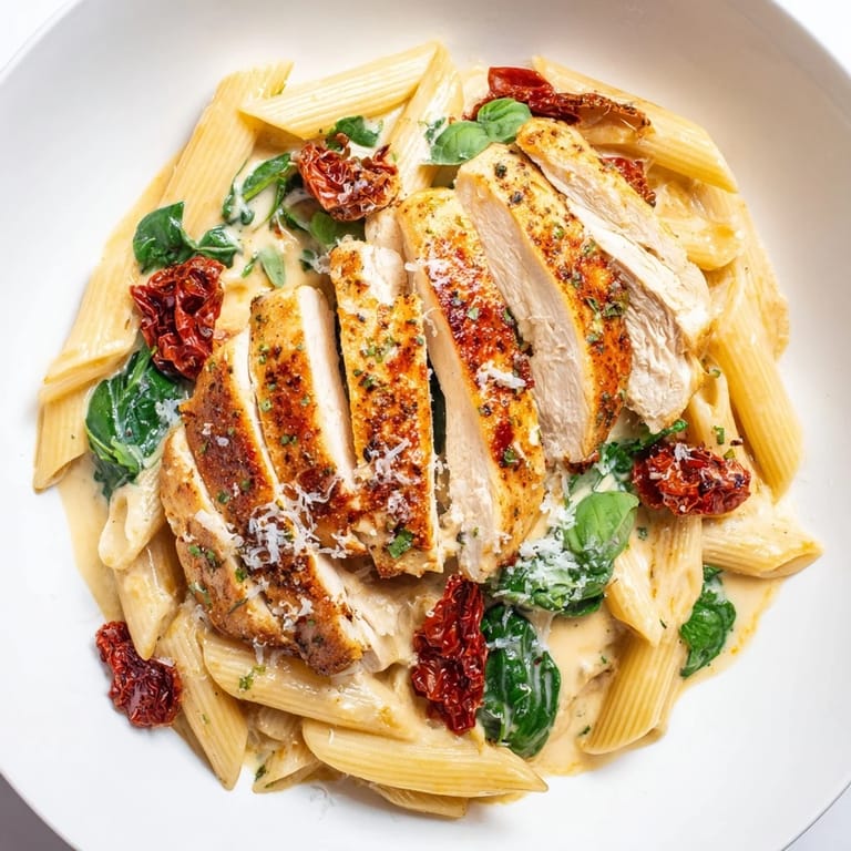 A top-down shot of a flavorful Creamy Tuscan Chicken Pasta dish, ready to be served.