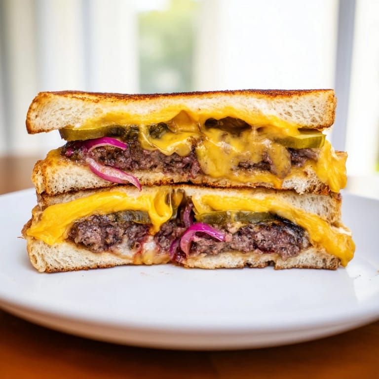 Perfectly golden and crispy Smashed Burger Grilled Cheese slices, a flavorful American classic ready to eat.