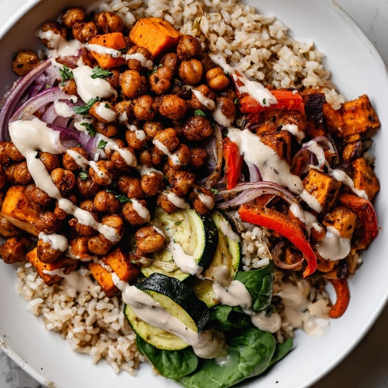 A colorful Roasted Chickpea Buddha Bowl, featuring a medley of roasted vegetables, perfectly cooked rice, and fresh herbs.
