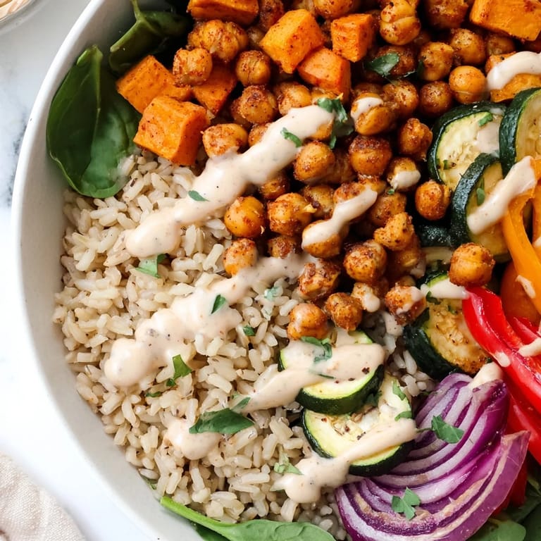 This satisfying vegan Roasted Chickpea Buddha Bowl offers crispy chickpeas, drizzled with tahini, inviting a delicious bite.