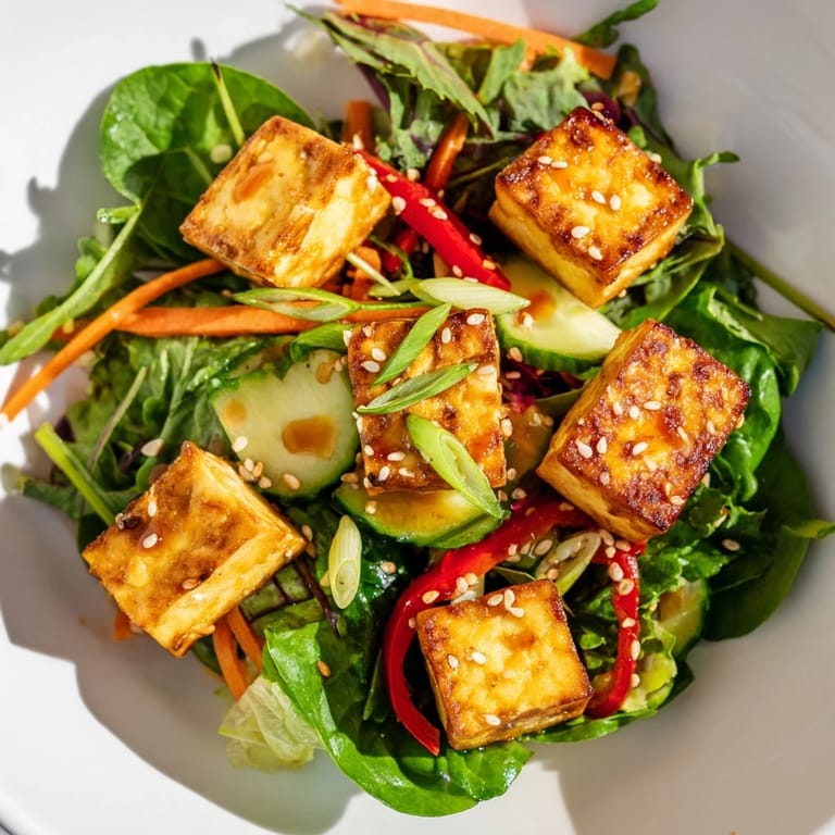 A vibrant and fresh crispy tofu salad, drizzled with ginger-soy dressing, ready to enjoy.