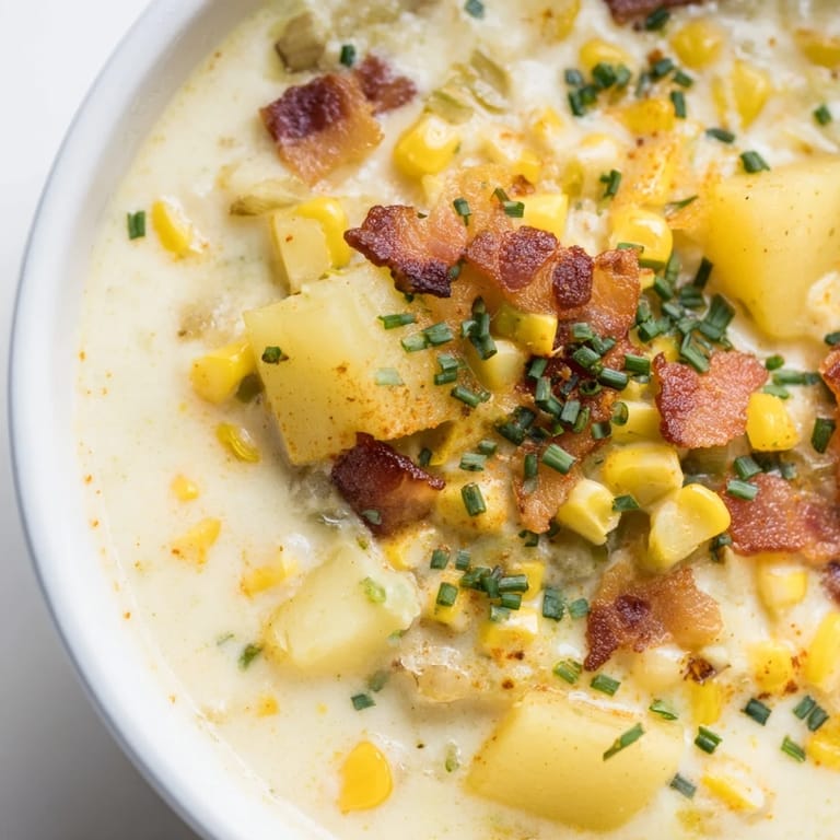 A hearty bowl of Corn Chowder soup, steaming, and perfect for a chilly evening with golden potatoes.
