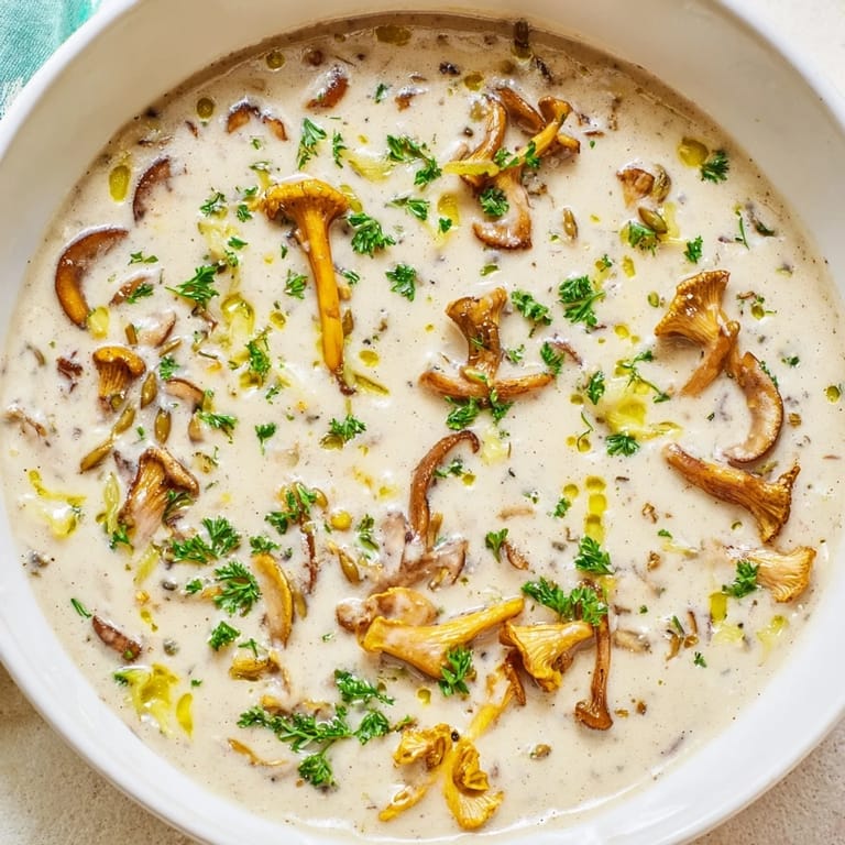 Close-up of a steaming bowl of creamy mushroom bisque, inviting aroma of rich flavors.