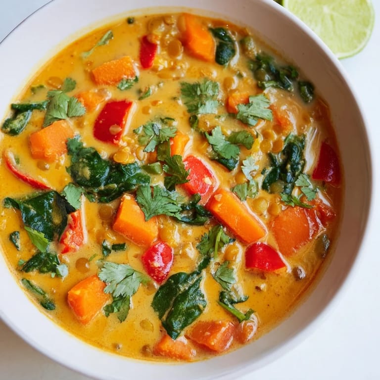 A close-up view of aromatic Lentil Red Curry Soup, perfect for a cozy, comforting dinner.
