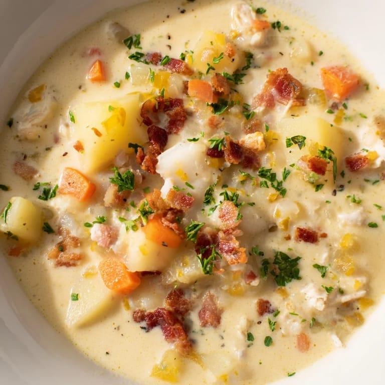 Spoonful of delicious New England Clam Chowder, ready to be enjoyed with crispy oyster crackers.