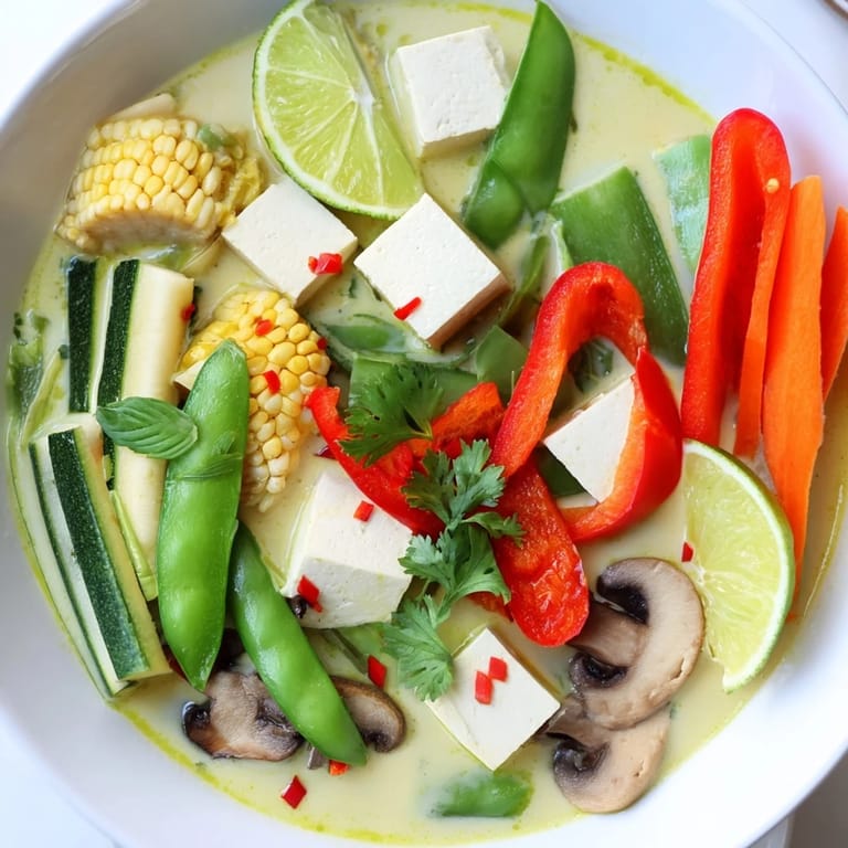 Enjoy a comforting bowl of spicy Thai Green Curry Coconut Soup, perfect for a cozy dinner.