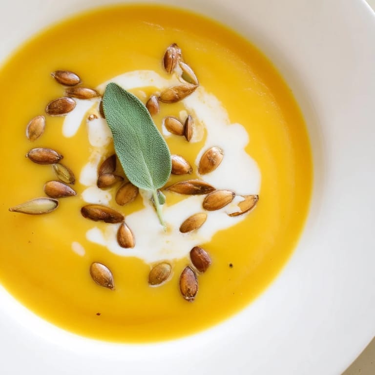 A steaming bowl of homemade butternut squash soup, with an inviting swirl of cream and roasted seeds.