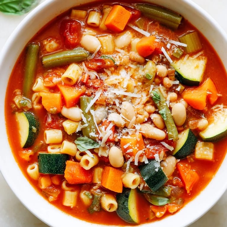 Flavorful Italian tomato basil minestrone soup simmering on the stovetop, ready to eat.