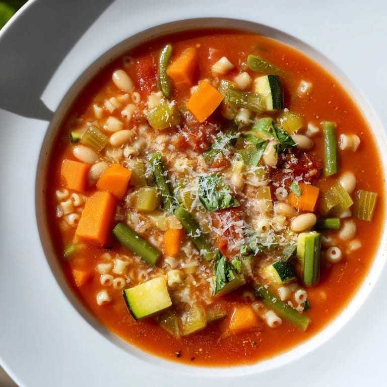 Freshly chopped basil garnishes a vibrant bowl of comforting tomato basil minestrone.