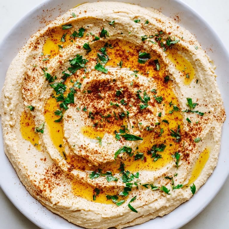 A vibrant close-up of Levantine hummus, garnished with parsley and olive oil, perfect for sharing.
