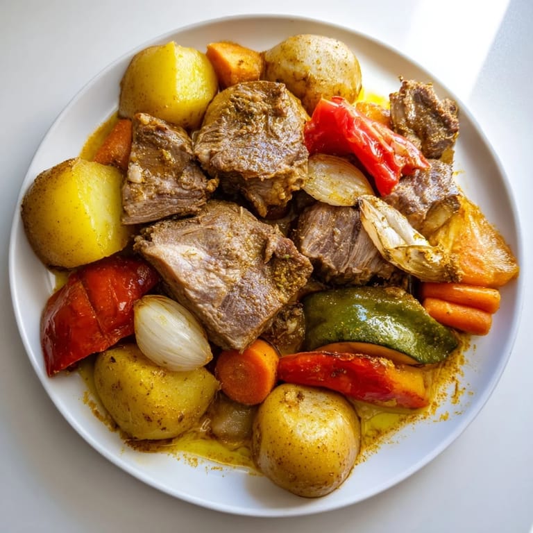 Juicy lamb pieces from a flavorful Jordanian Zarb dish are surrounded by roasted vegetables.