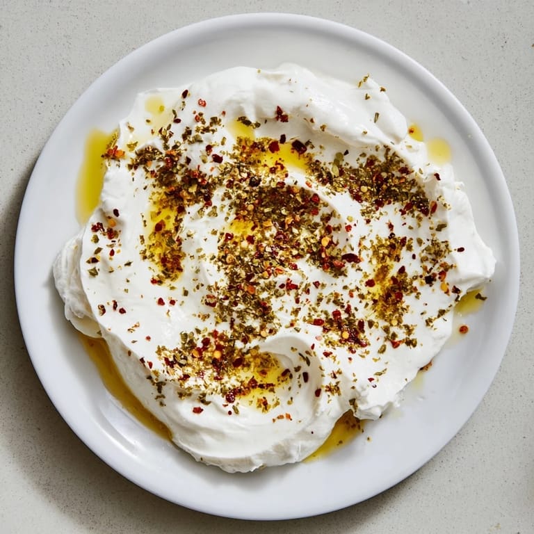 A close-up of thick, homemade Levantine labneh, beautifully garnished with herbs for serving.