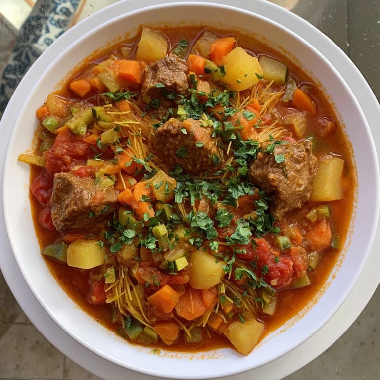 Close-up of Algerian Chorba: rich broth with tender lamb, carrots, and herbs, perfect for a cozy supper.