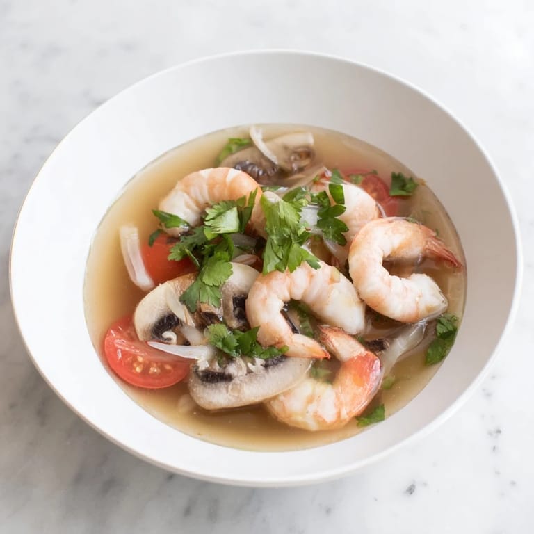 Close-up of vibrant Spicy Tom Yum Soup, showcasing plump shrimp and rich broth.