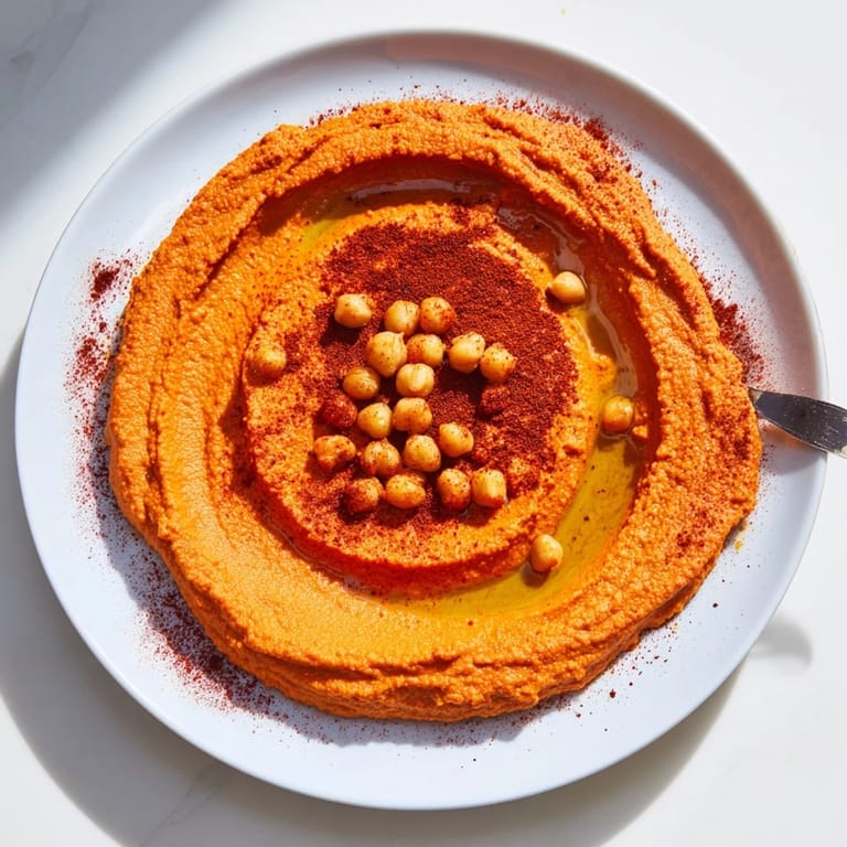 Vibrant orange hummus topped with olive oil and fresh parsley, a perfect vegan appetizer dip.