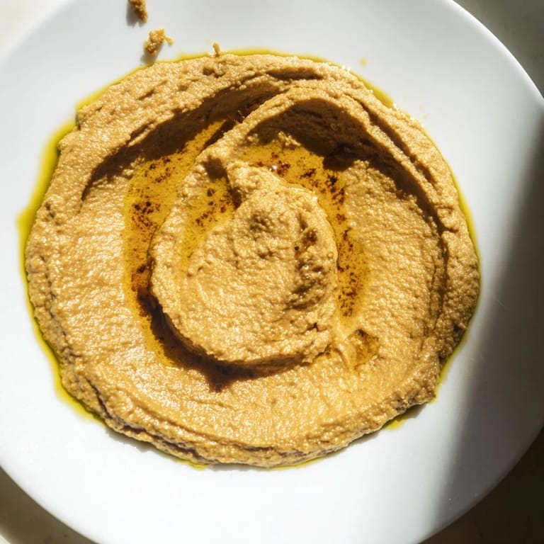 Homemade Chickpea Curry Paste in a rustic bowl, garnished with a fresh herb sprig, offering a rich, vegan dip for any gathering.