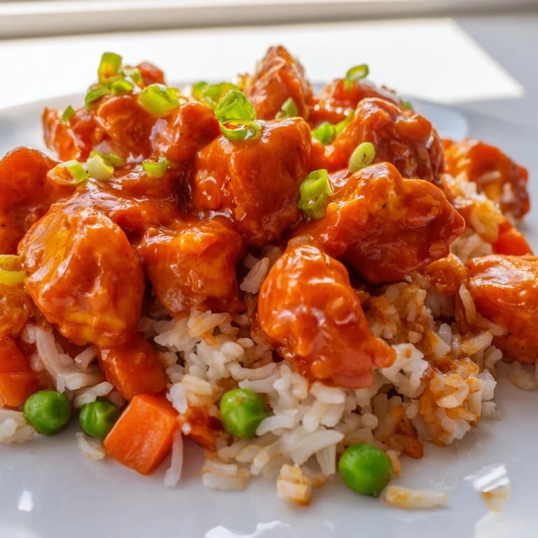 A close-up of delicious butter chicken fried rice, showcasing scrambled eggs, mixed vegetables, and savory spices in a skillet.