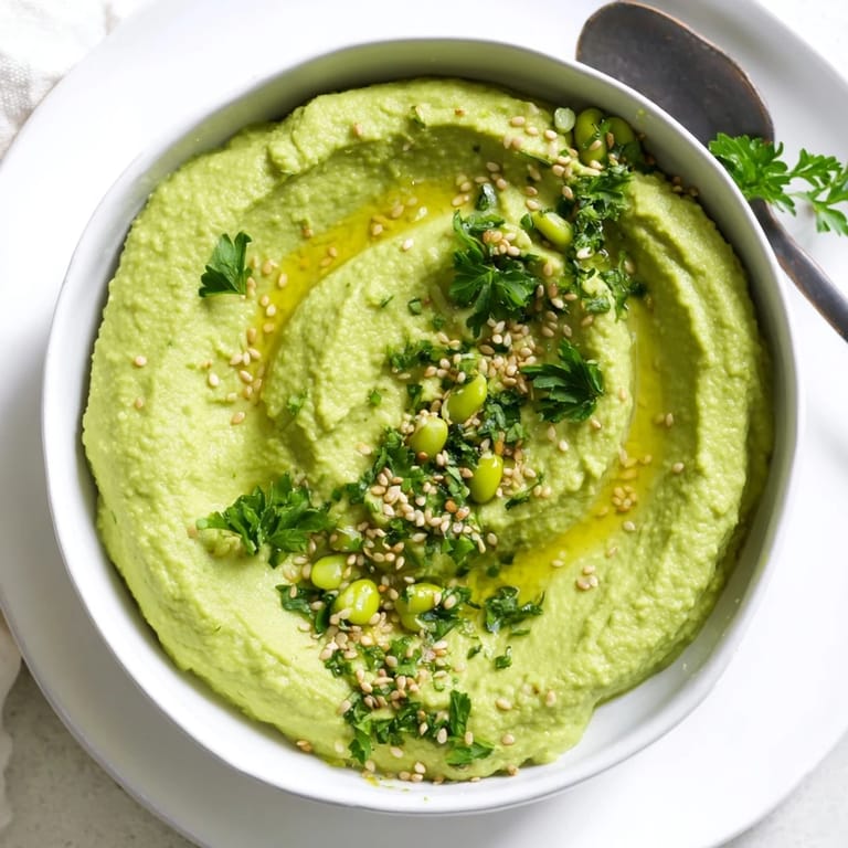 Vibrant Edamame Hummus in a rustic bowl, garnished with fresh parsley and lemon wedges for a bright snack.  