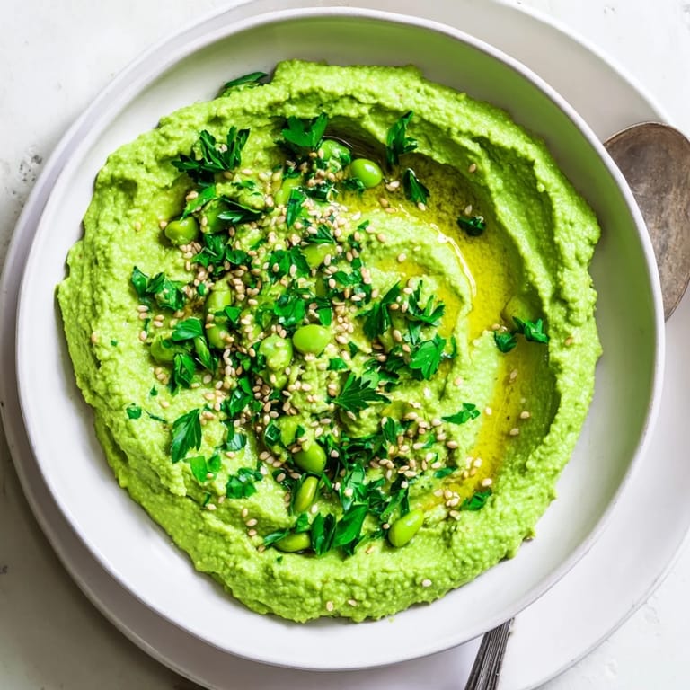 Smooth Edamame Hummus spread on crackers alongside fresh vegetables, perfect for a healthy vegan appetizer.