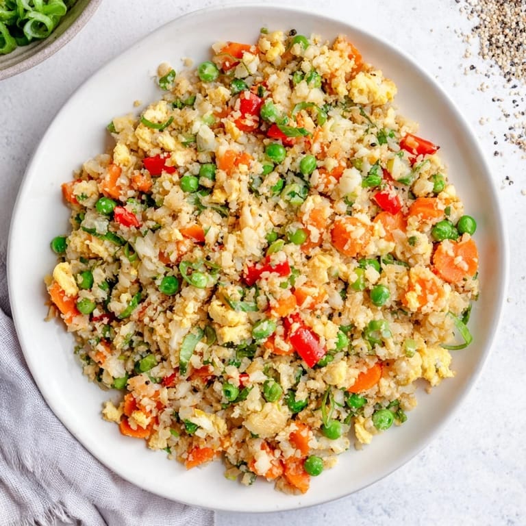 Colorful bowl of cauliflower fried rice topped with fresh cilantro and a lime wedge, a vegetarian Asian-inspired meal.