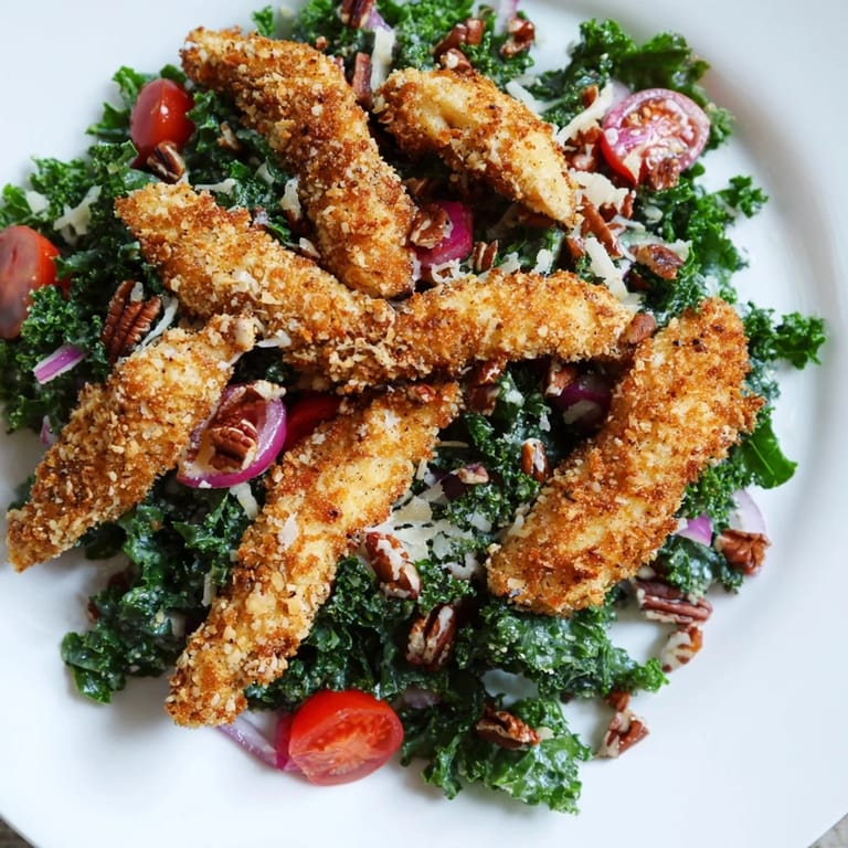 Savor this Crispy Chicken Kale Salad, where juicy, panko-crusted chicken meets tender kale and a sweet, tangy maple-Dijon dressing.