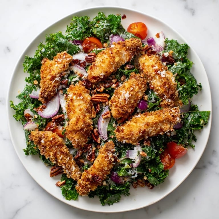 A hearty Crispy Chicken Kale Salad features golden, crunchy chicken cutlets paired with fresh greens and a vibrant vinaigrette.  