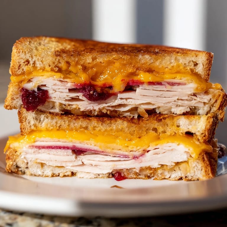 A close-up of Smoked Turkey Grilled Cheese, showing oozing cheese and vibrant cranberry sauce on rustic bread.