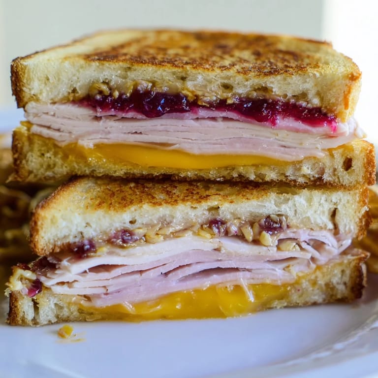 Smoked Turkey Grilled Cheese sliced on a wooden board, served with sweet potato fries and a fresh green salad.
