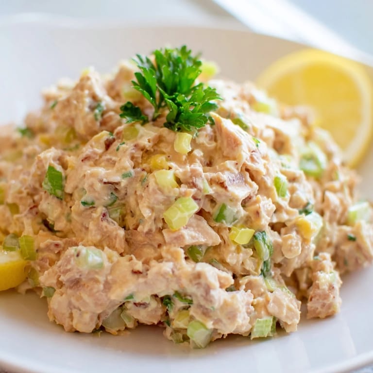 A close-up of Spicy Zesty Tuna Salad showing flaked tuna mixed with creamy dressing and chopped scallions.