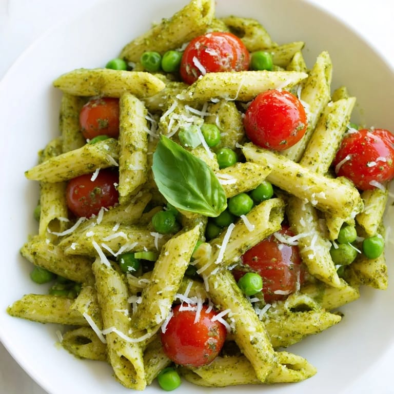 Tossing a large batch of Green Pesto Pasta Salad with juicy tomatoes and sweet peas for a potluck.