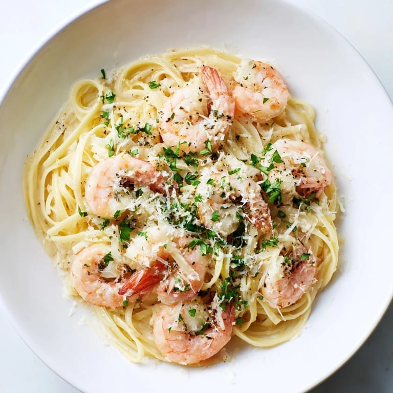 Plate of Creamy Garlic Shrimp Pasta topped with fresh parsley and lemon wedges, ready to enjoy.