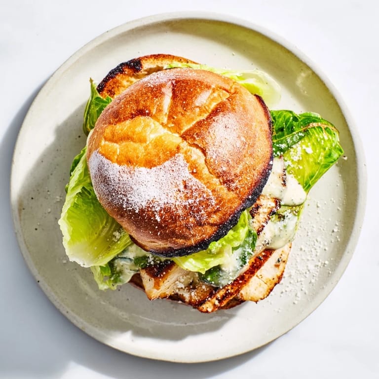 This Caesar Chicken Sandwich is ready to serve, stacked with Parmesan and optional tomato slices.